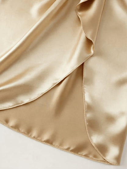 Plus Size Pleated Satin Midi Skirt with Front Slit