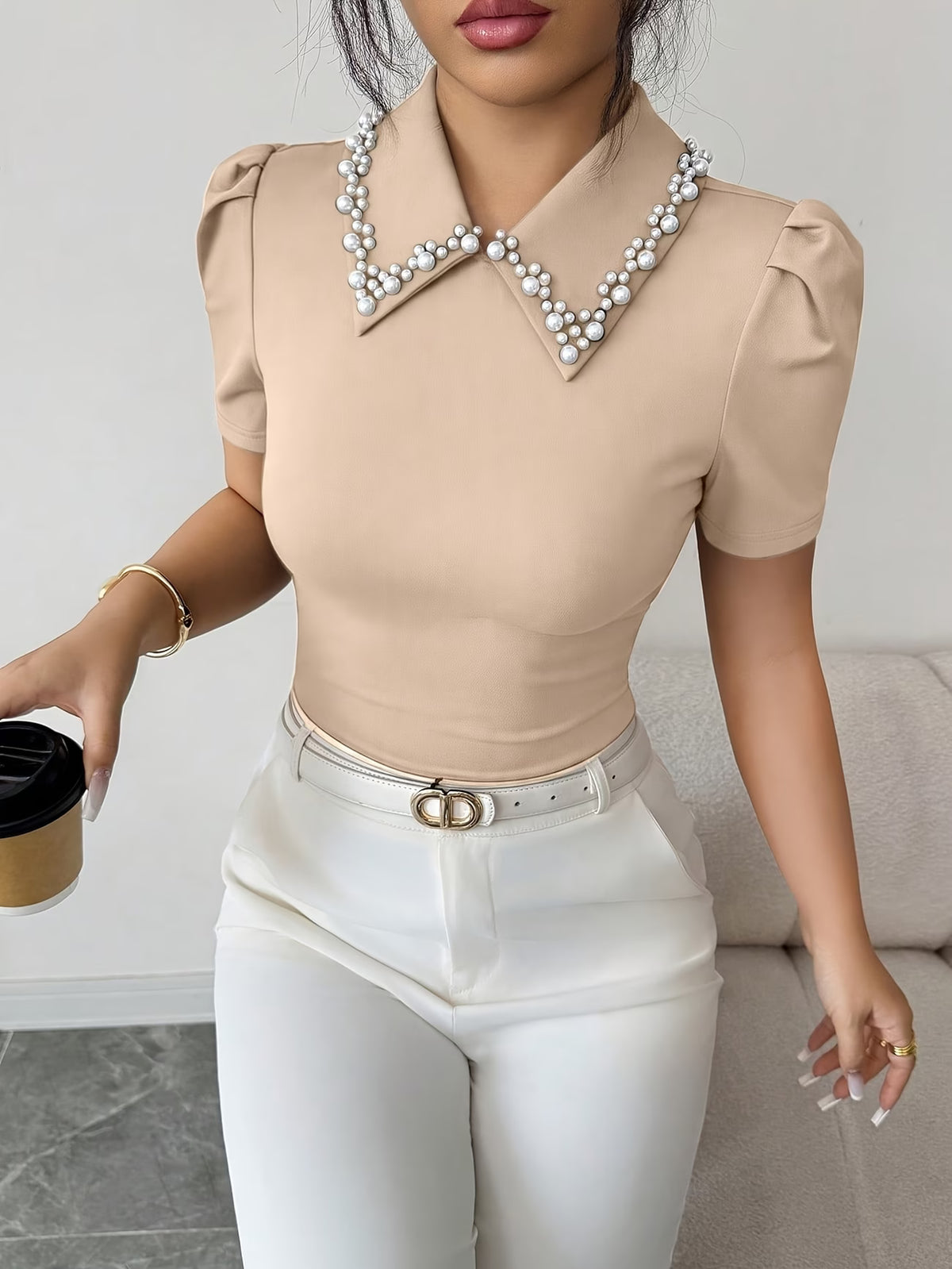 Women's Slim T-Shirt with Pearl Detail and Balloon Sleeves