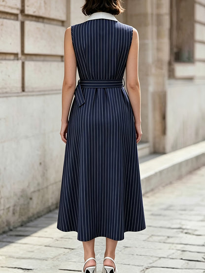 Women's Striped Midi Dress with Belt and Blazer Collar