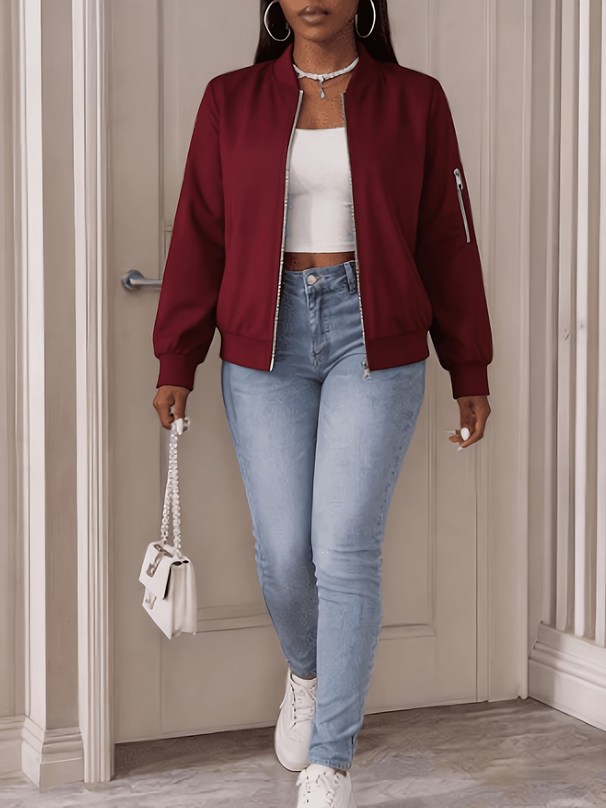 Women's Plus Size Bomber Jacket with Zipper and Soft Fabric