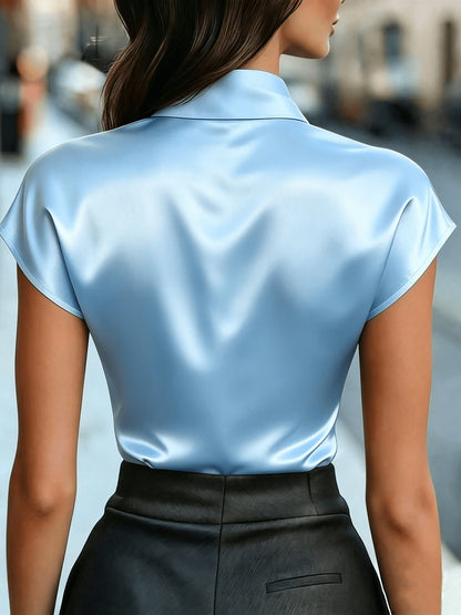 Women's Satin Blouse with Bow Detail and Short Sleeves