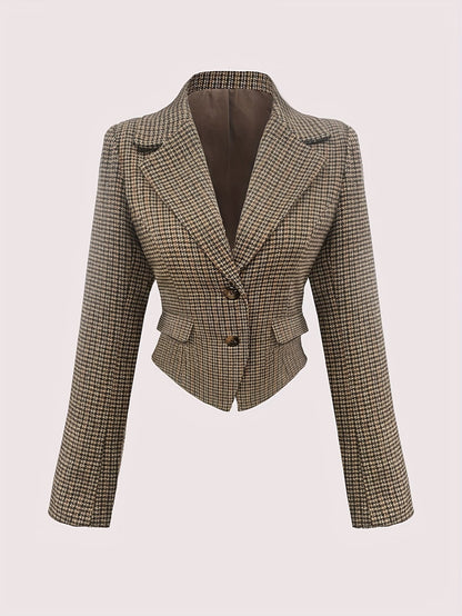 Women's Brown Tartan Structured Blazer with Single Button