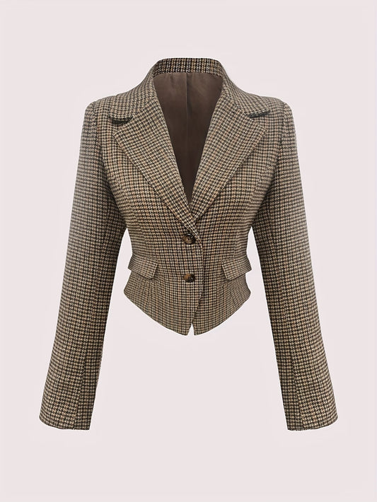 Women's Brown Tartan Structured Blazer with Single Button