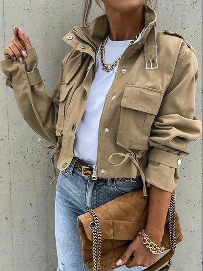 Women's Biker Jacket with Zipper, Lapel, and Pockets