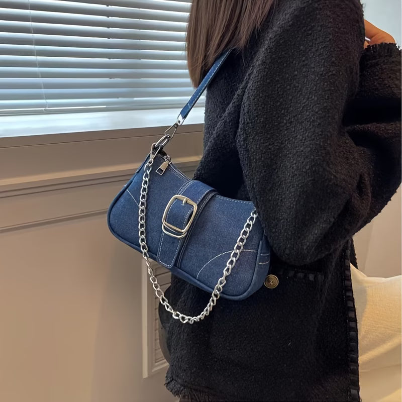 Women's Denim Shoulder Bag with Chain Strap