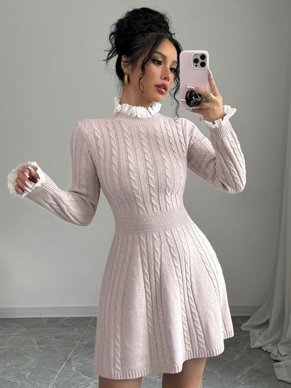 Women's Pink Sweater Dress with Lace and Twisted Braid Detail