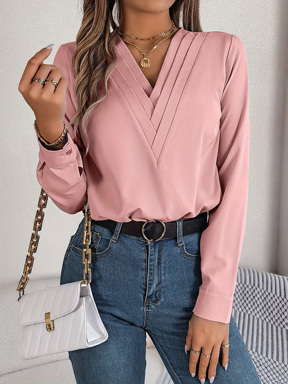 Women's Elegant V-Neck Blouse with Long Sleeves
