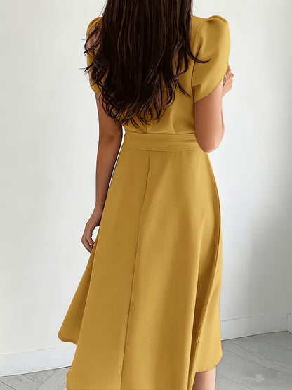 Women's Elegant Midi Dress with Balloon Sleeves and Belt