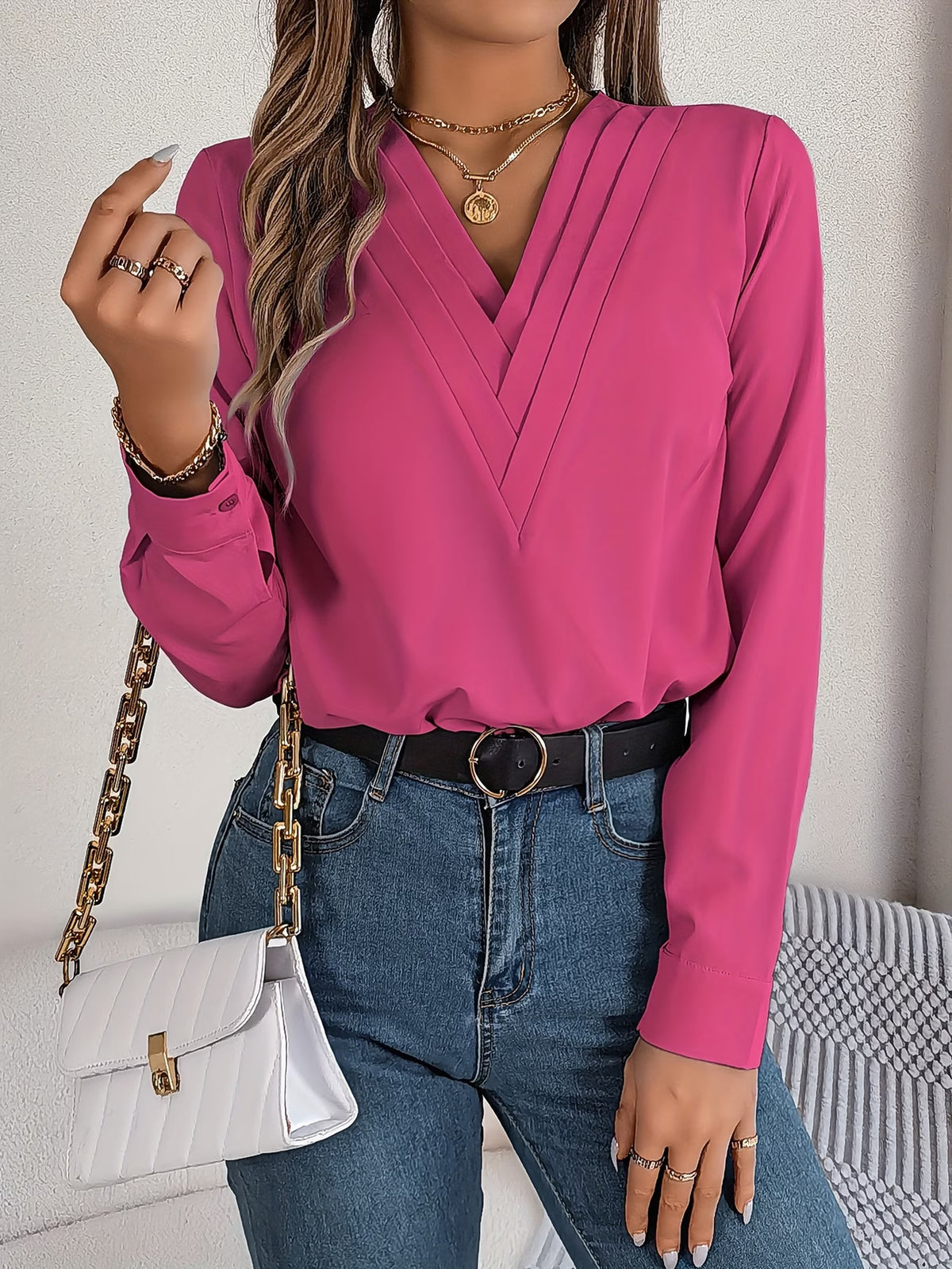 Women's Elegant V-Neck Blouse with Long Sleeves
