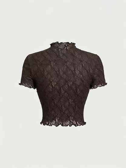 T-Shirt Feminina em Tule Floral com Renda Romântica