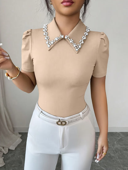 Women's Slim T-Shirt with Pearl Detail and Balloon Sleeves