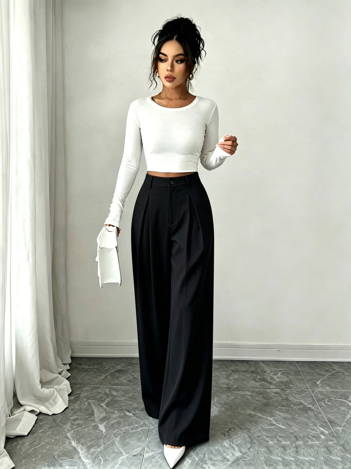 Women's High Waist Wide Leg Trousers with Pleats