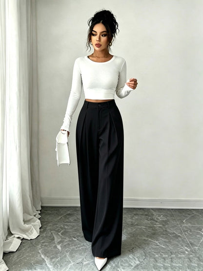 Women's High Waist Wide Leg Trousers with Pleats