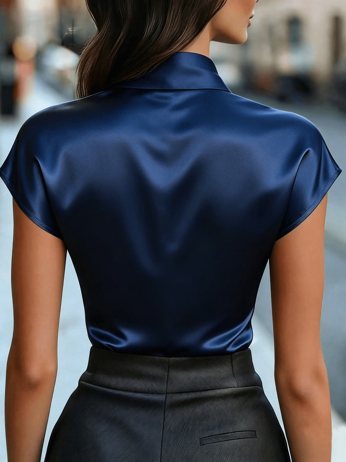 Women's Satin Blouse with Bow Detail and Short Sleeves