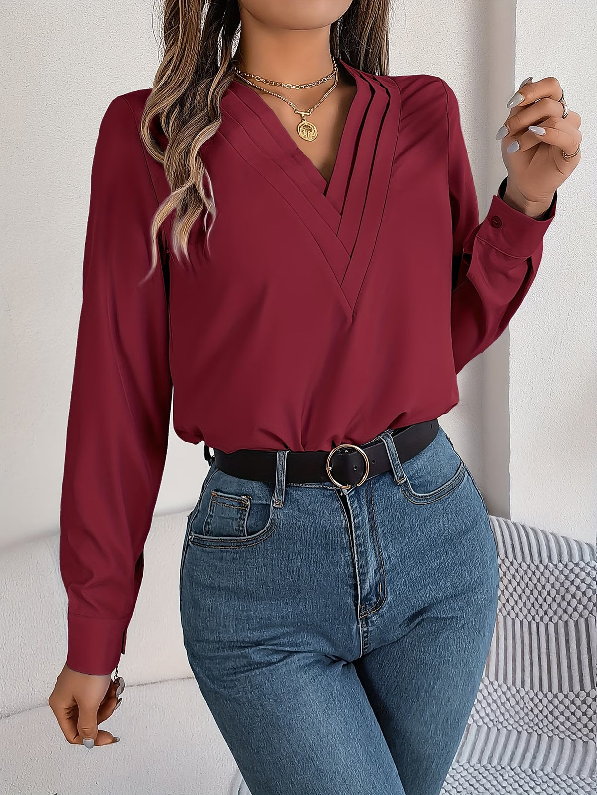 Women's Elegant V-Neck Blouse with Long Sleeves