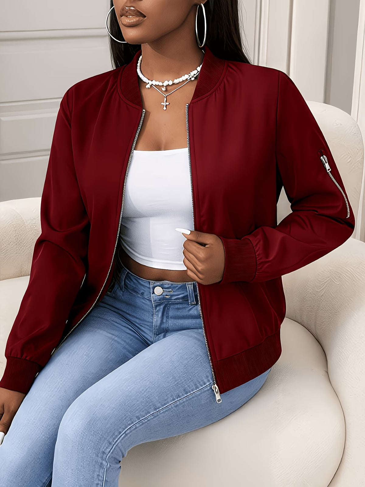 Women's Plus Size Bomber Jacket with Zipper and Soft Fabric