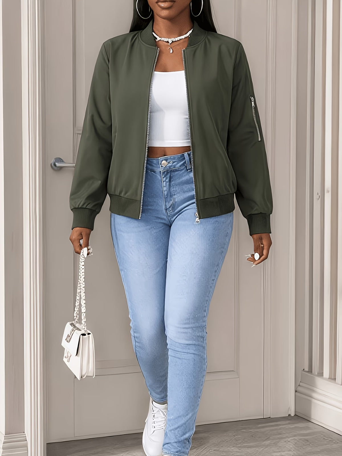 Women's Plus Size Bomber Jacket with Zipper and Soft Fabric