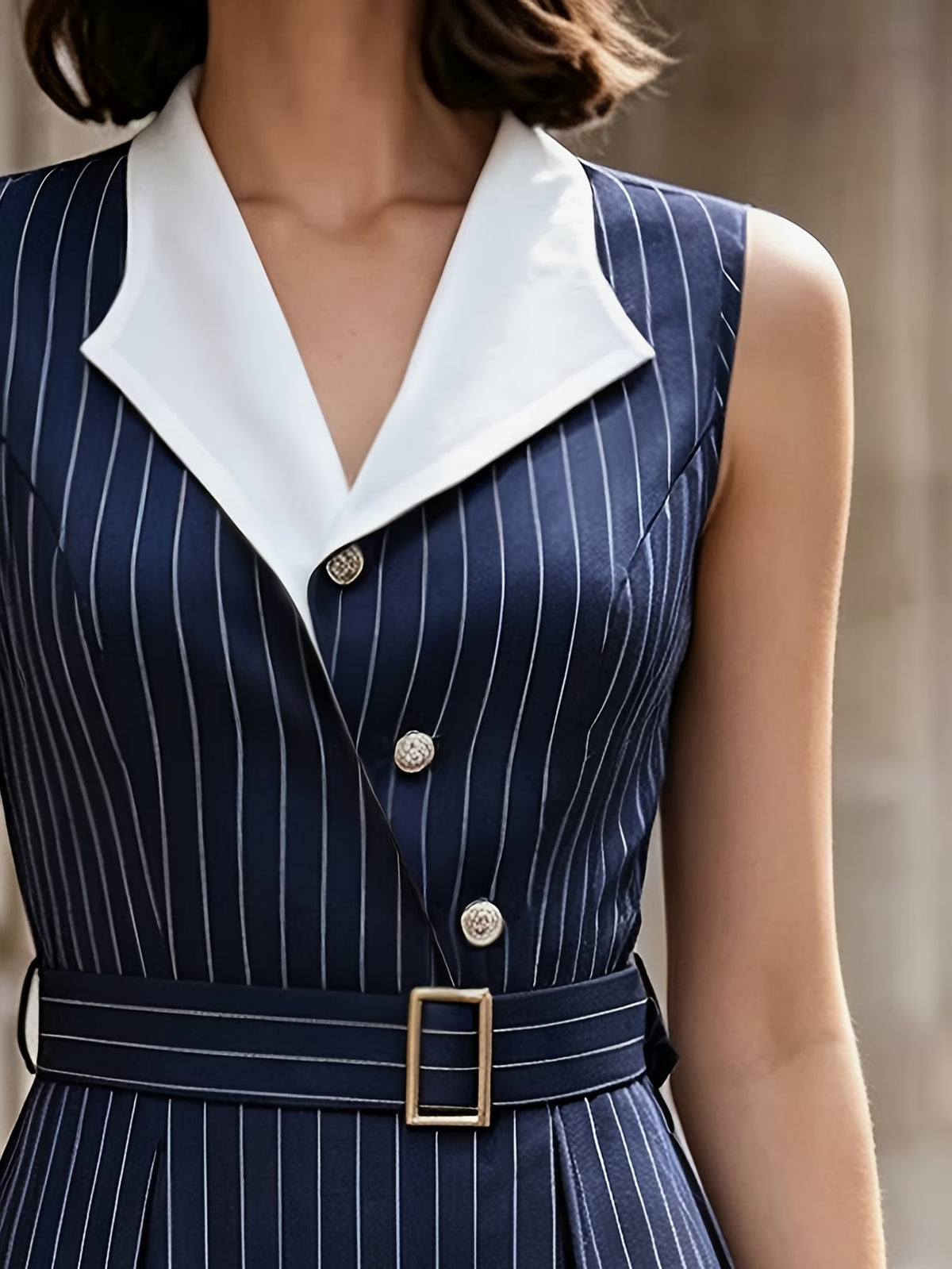 Women's Striped Midi Dress with Belt and Blazer Collar