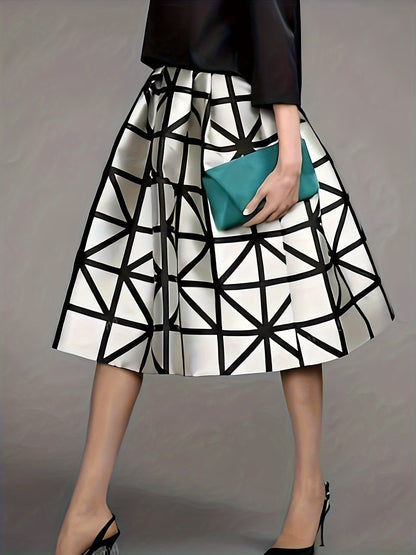 Women's Black Satin Midi Skirt with Geometric Print