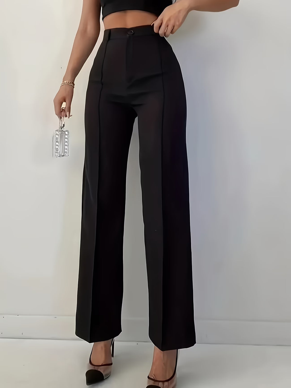 Women's Black High Waist Straight Leg Dress Trousers