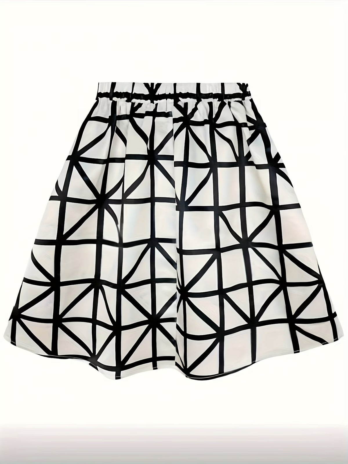 Women's Black Satin Midi Skirt with Geometric Print