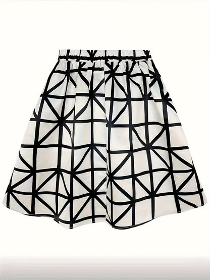 Women's Black Satin Midi Skirt with Geometric Print