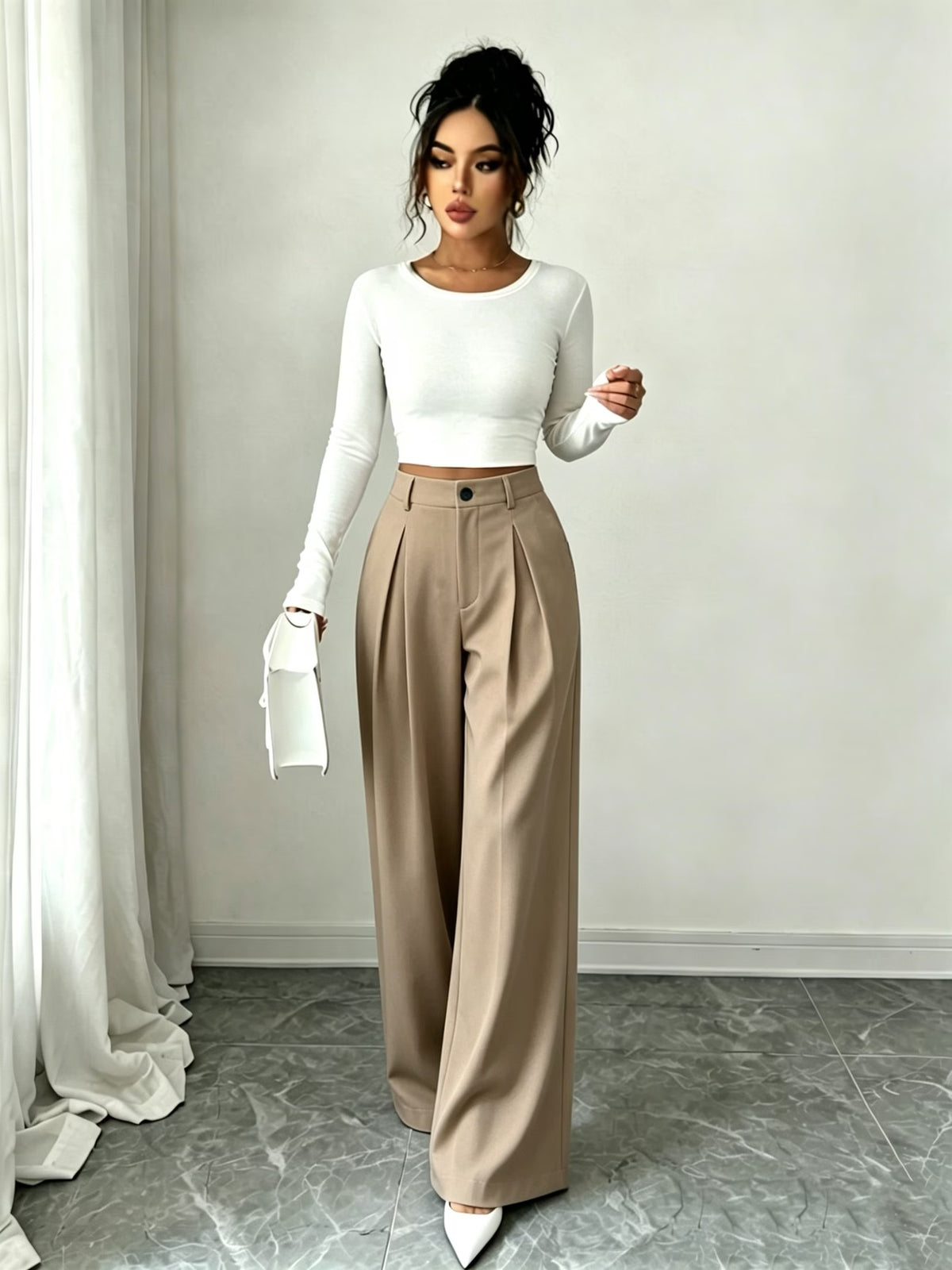 Women's High Waist Wide Leg Trousers with Pleats