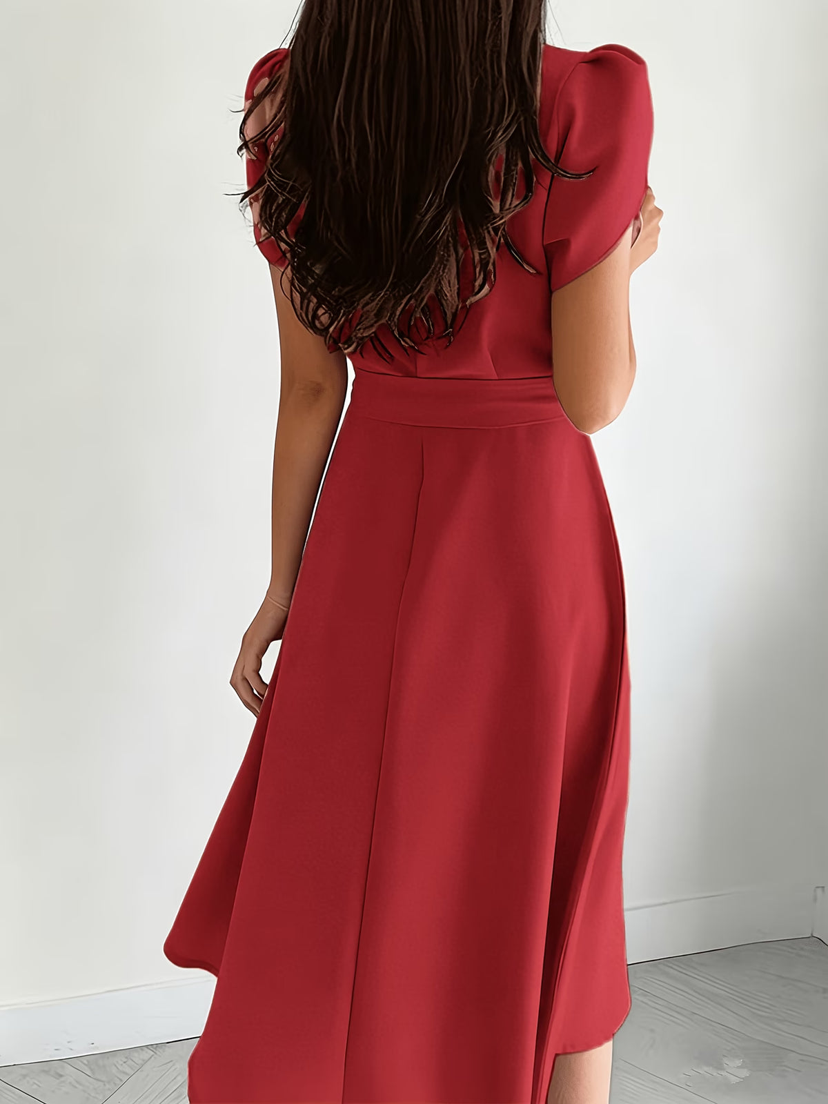 Women's Elegant Midi Dress with Balloon Sleeves and Belt