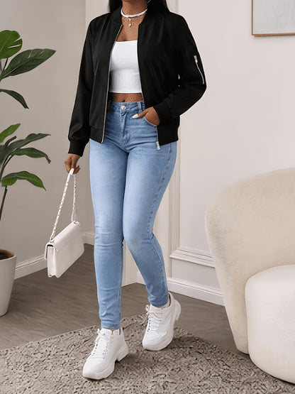 Women's Plus Size Bomber Jacket with Zipper and Soft Fabric