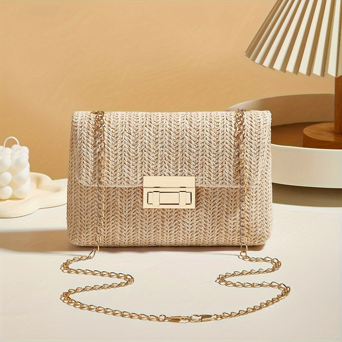 Women's Woven Straw Shoulder Bag with Chain Strap