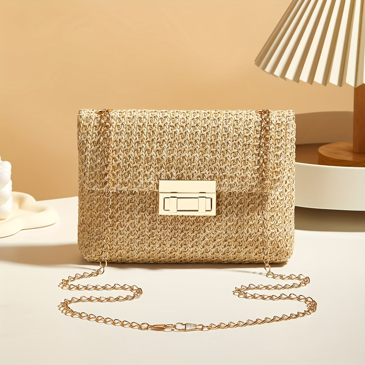 Women's Woven Straw Shoulder Bag with Chain Strap