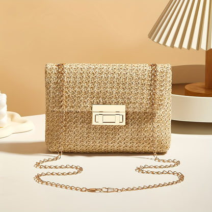 Women's Woven Straw Shoulder Bag with Chain Strap
