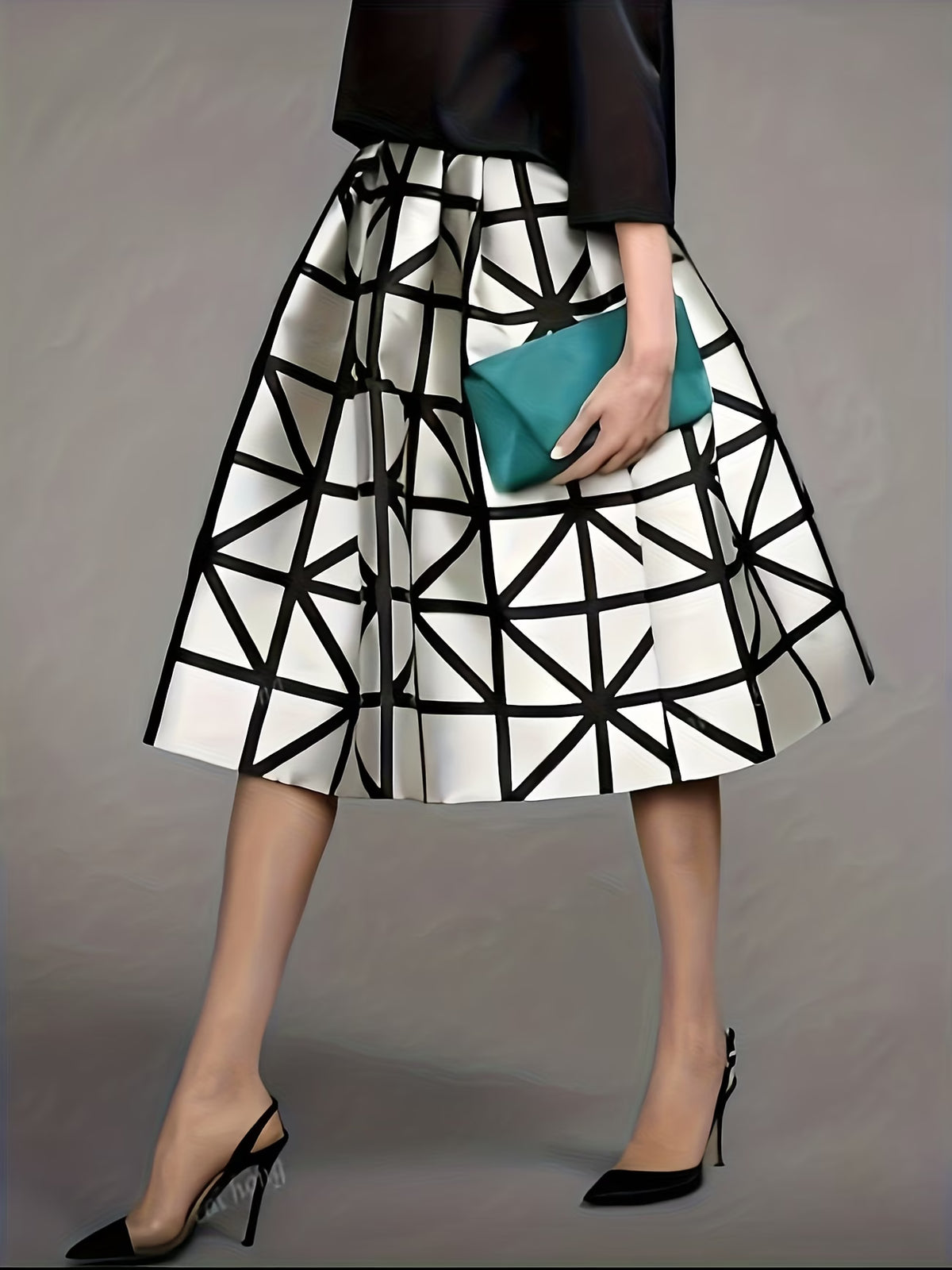 Women's Black Satin Midi Skirt with Geometric Print