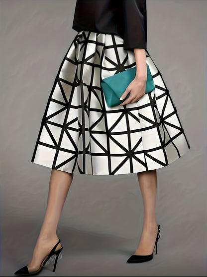 Women's Black Satin Midi Skirt with Geometric Print