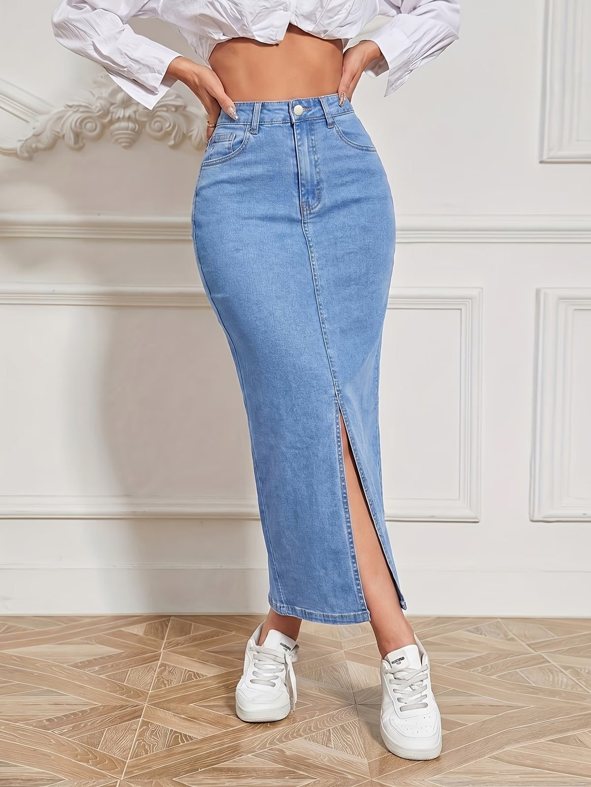 Women's High Waist Stretch Long Denim Skirt