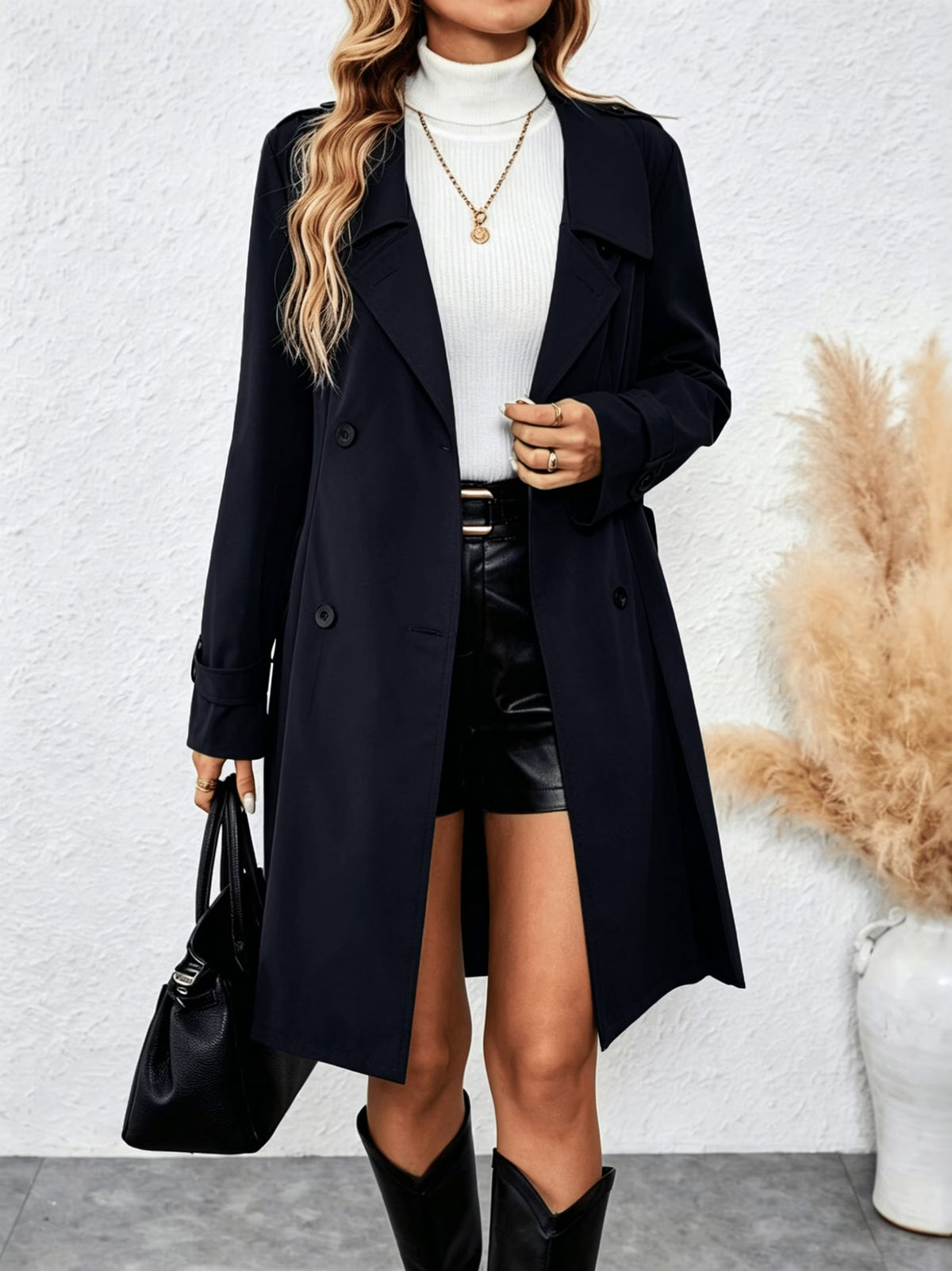 Women's Long Trench Coat with Belt and Buttons