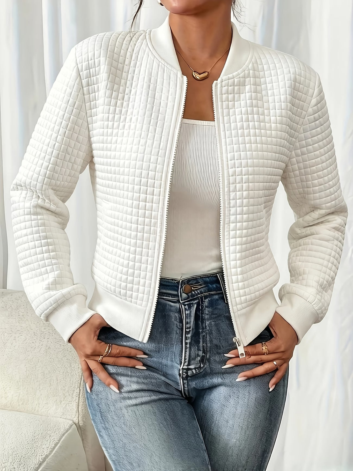 Women's Plaid High Neck Coat with Textured Finish
