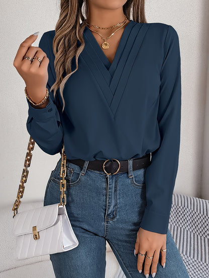 Women's Elegant V-Neck Blouse with Long Sleeves