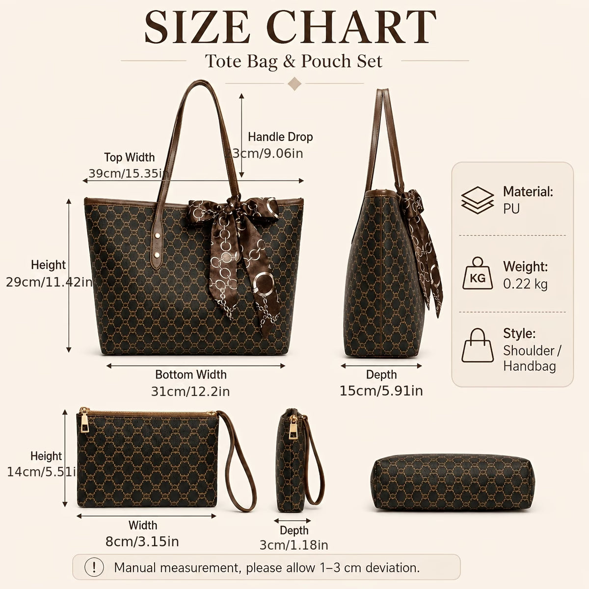 Women's 3-Piece PU Set with Tote Bag, Shoulder Bag, and Clutch