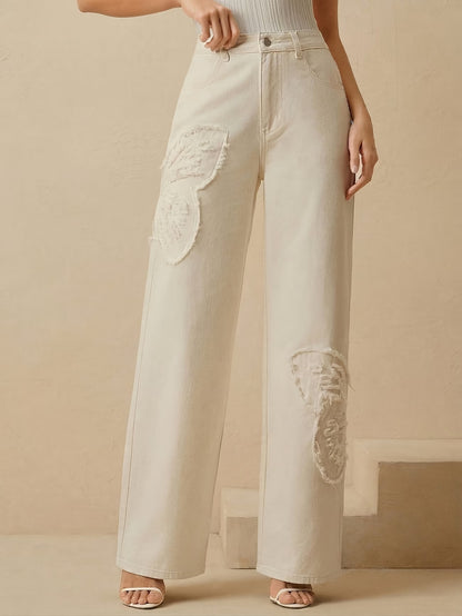 Women's High Waist Wide Leg Jeans with Butterfly Detail