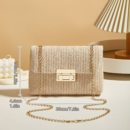 Women's Woven Straw Shoulder Bag with Chain Strap