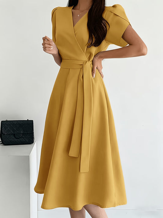 Women's Elegant Midi Dress with Balloon Sleeves and Belt