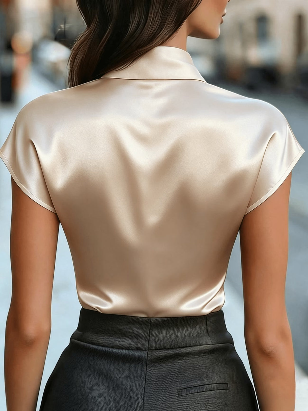 Women's Satin Blouse with Bow Detail and Short Sleeves