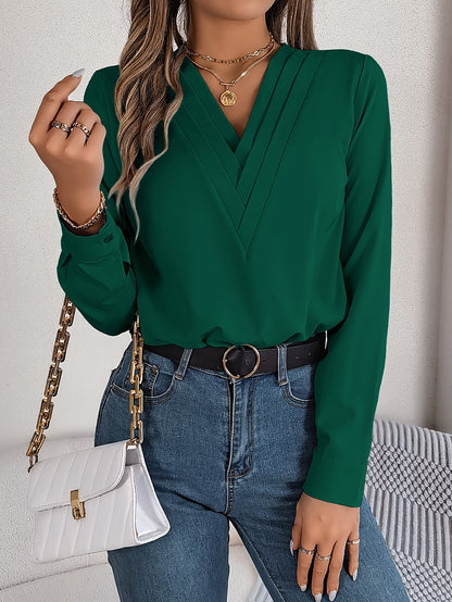 Women's Elegant V-Neck Blouse with Long Sleeves