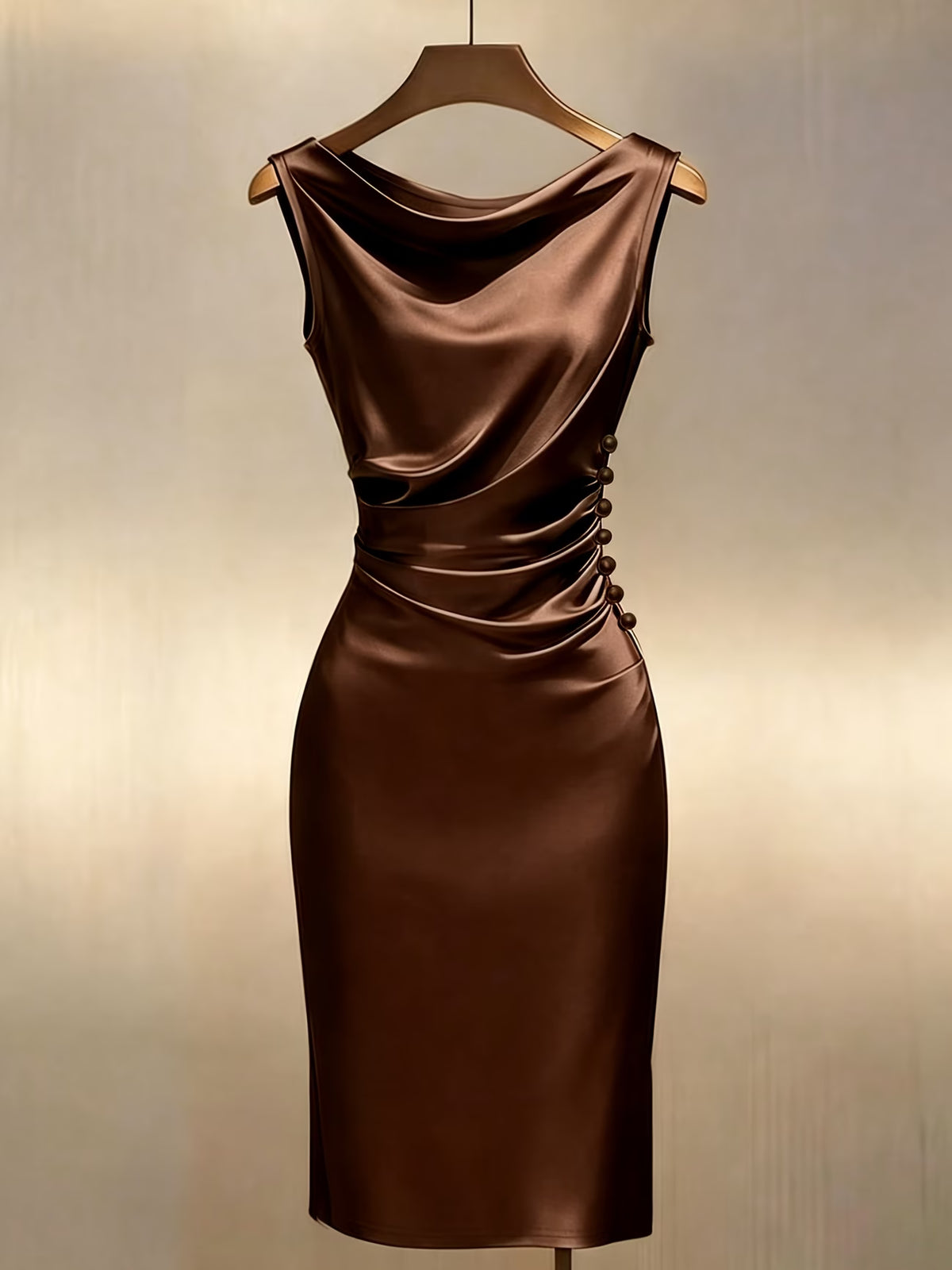 Women's Shiny Midi Dress with Off-Shoulder Design and Pearl Buttons