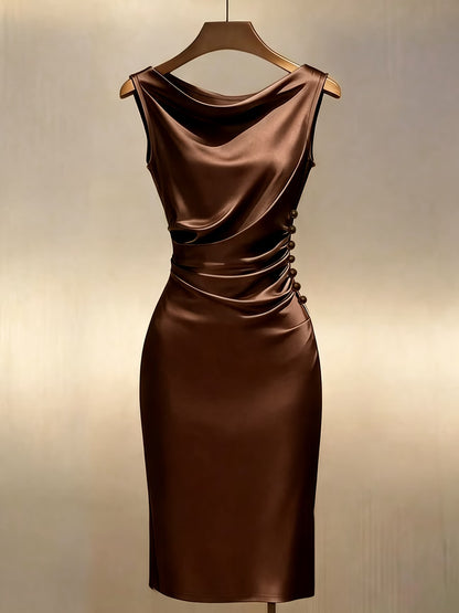 Women's Shiny Midi Dress with Off-Shoulder Design and Pearl Buttons