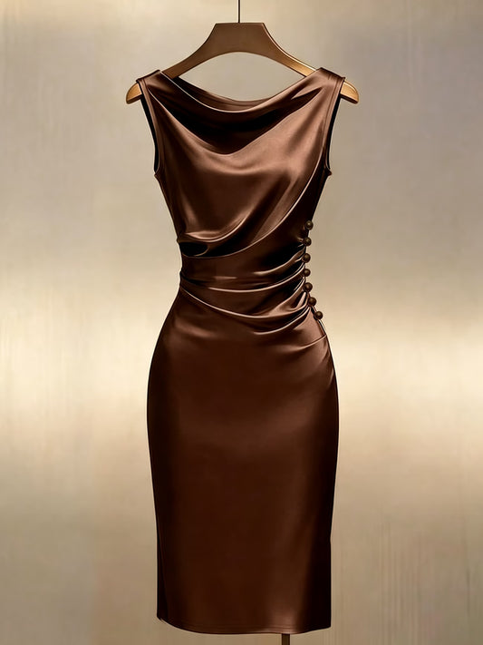Women's Shiny Midi Dress with Off-Shoulder Design and Pearl Buttons
