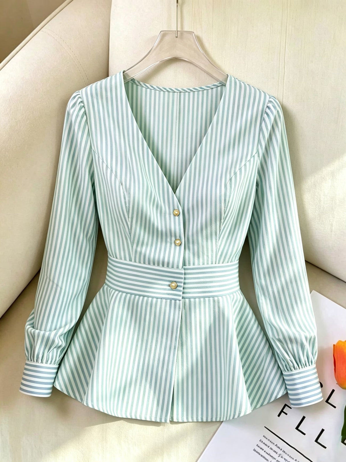 Women's Striped Blouse with Defined Waist and Gold Buttons
