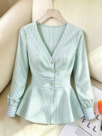 Women's Striped Blouse with Defined Waist and Gold Buttons