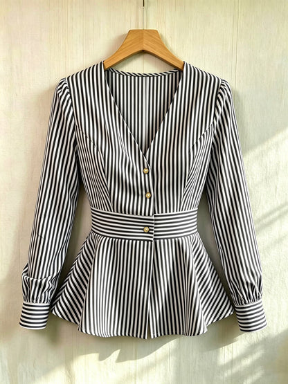 Women's Striped Blouse with Defined Waist and Gold Buttons